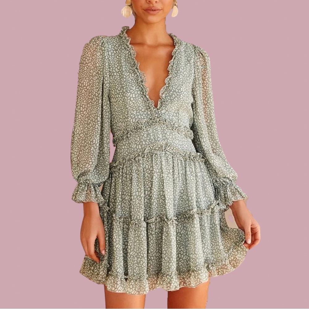 🐆 Backless Light Olive Green Leopard Print Dress 🐆